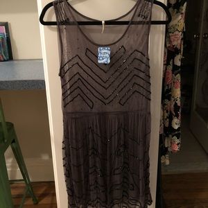 Free People Gray Beaded Mesh Slip Dress